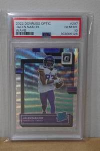 lot 19 image: 2022 Donruss Optic Jalen Nailor #297 Wave Parallel Rookie Football Card - PSA 10