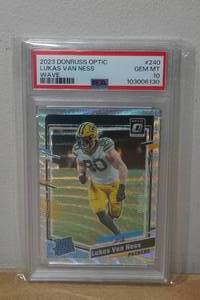 lot 30 image: 2023 Optic Lukas Van Ness #240 Wave Parallel Rookie Football Card - PSA 10