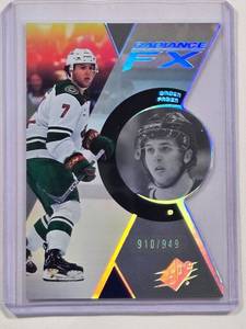 lot 14 image: Brock Faber Rookie Die Cut 2023-24 Upper Deck SPX Radiance FX  Hockey Card RFX-85 Numbered 910949