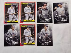 lot 63 image: Lot of 7 Yankee Hall of Famers Cards including Babe Ruth, Mickey Mantle, and Derek Jeter