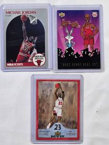 lot 65 image: Lot of 3 Michael Jordan Cards - Upper Deck MVP Draw Your Own Card, Bug Bunny Card, 1990 NBA Hoops