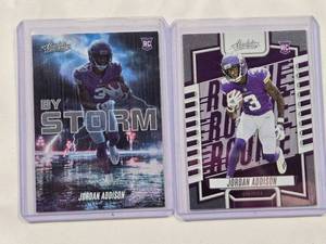 lot 82 image: Lot of 2 Jordan Addison 2023 Rookie Cards - Absolute Football By Storm, Absolute Football No. 112