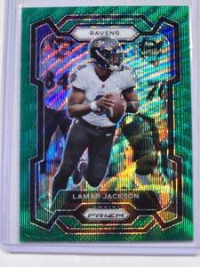 lot 107 image: Lamar Jackson 2023 Panini Prizm Green Wave Refractor No. 18