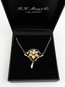 lot 1 image: Vintage Pearl & Enamel Flower 10K Yellow Gold Pendant Necklace.