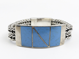 lot 7 image: Unmarked (Navajo) Turquoise Inlay Sterling Silver Bracelet. 85 Grams