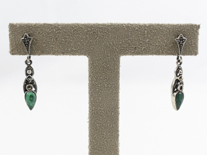 lot 42 image: Marcasite & Green Stone Sterling Silver Dangle Earrings .