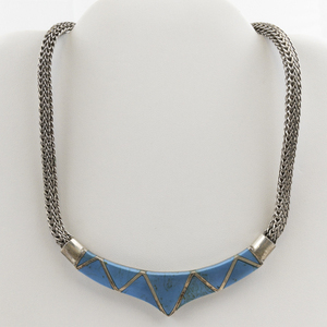 lot 6 image: Unmarked (Navajo) Turquoise Inlay Sterling Silver Necklace. 57 Grams