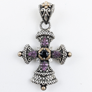 lot 9 image: Barbara Bixby Black Spinel Rhodolite Garnet Cross 18k Rose Gold & Sterling Silver Enhancer. Estimated Replacement value $400