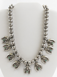 Unmarked (Navajo) Squash Blossoms With Turquoise Inlay Sterling Silver Statement Necklace. 92.5 Grams!!!