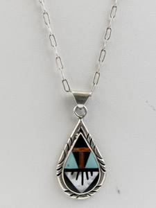 lot 36 image: Zuni Designer Mutli Gemstone Inlay Sterling Silver Paperclip Chain Pendant Necklace.
