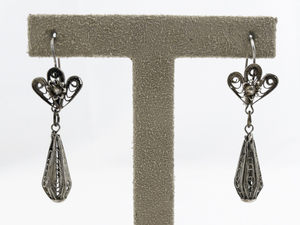 lot 44 image: Art Nouveau Filigree Sterling Silver French Wire Dangle Earrings .