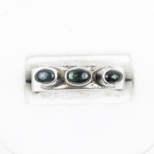 lot 53 image: Three Stone Green Cabochon Sterling Silver Ring. Size 7.5 - 7.75.