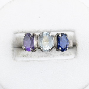 lot 62 image: Multi-Gemstone Three Stone Sterling Silver Ring. Size 6.75 - 7.