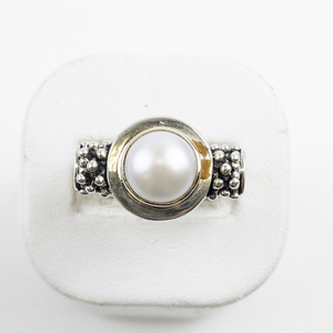 lot 64 image: Michael Dawkins Cultured Freshwater Pearl  Sterling And 14K Yellow Gold Statement Ring . Size 9.75 - 10.