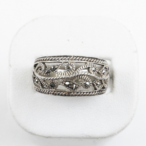 lot 88 image: Marcasite Floral  Filigree Sterling Silver Dome Ring. Size 8.5 - 8.75.