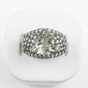 lot 98 image: Heng Ngai Trillion  Cut Prasiolite & CZ Sterling Silver Statement Ring . Size 10.25 - 10.5.