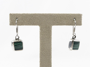 lot 116 image: Mexico (Unknown) Malachite Square Sterling Silver French Wire Dangle Earrings .