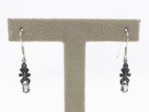 lot 121 image: Designs by FMC Oval Cut Amethyst & Marcasite Sterling Silver French Wire Dangle Earrings .