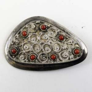 lot 180 image: Jerusalem Israel  Red Coral Accented Spiral Sterling Silver Brooch .