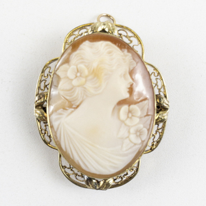 lot 190 image: A&Z Hayward  Vintage Carved Shell Floral Filigree Gold Filled Cameo Pendant  Brooch.