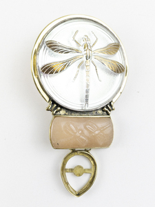 lot 194 image: Amy Kahn Russell Glass & Pink Quartz Dragonfly Gold Plated Enhancer Brooch.