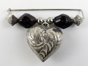 lot 195 image: Floral Puffy Beaded Puffy Heart Silver Plated Brooch .