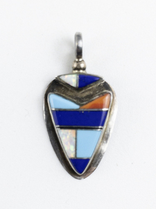lot 209 image: JS (Navajo) Coral, Lapis, Turquoise, & Opal Inlaid sterling silver Arrowhead pendant.