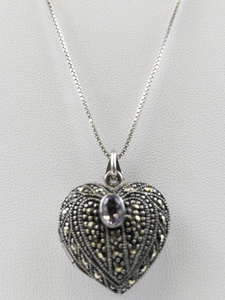 lot 227 image: American Ring Co  Marcasite Ameythst Heart Sterling Silver Locket Necklace.
