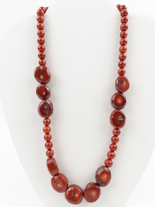 lot 250 image: Red Coral Gold Tone Base Metal Bead Necklace. New Old Stock