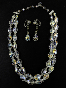 lot 253 image: Faceted Crystal Silver Tone Base Metal Double-Strand Bead Necklace & Earrings. 