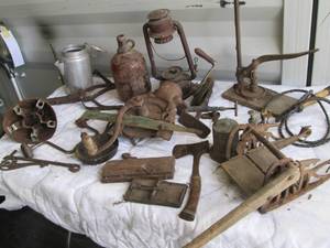 lot 40 image: Antique tools and equipment include...