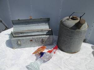 lot 65 image: Vintage metal fuel can and tool box...