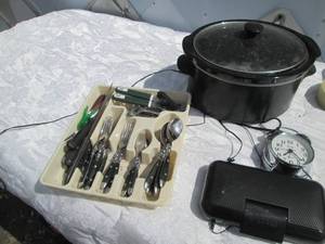 lot 66 image: Silverware drawer tray, flatware, k...