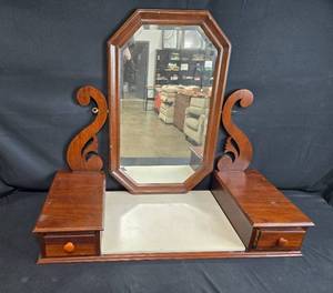 Vintage Wooden Vanity Mirror with Two Drawers - Vestiges Mirror Made in USA