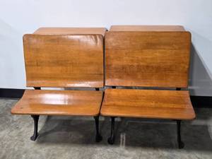 lot 13 image: Antique Set of 2 Wooden School Desks with Cast Iron Legs