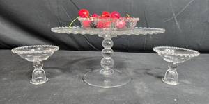 lot 34 image: Set of 3 Clear Imperial Glass Displays with Decorative Beading Inc Cake Plate, Candle Holders & Bowl
