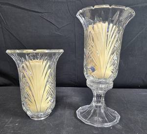 lot 50 image: Set of 2 Clear Glass Candle Holders with Vanilla Scented Pillars and Lace Doilies