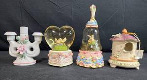 lot 51 image: Set of Decorative Ceramics and Snow Globes with Floral Accents