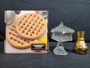 lot 53 image: Winsome Wood Trivet Set with Vintage Glass Candy Dish and Decorative Vase