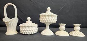 lot 54 image: Set of 5 White Hobnail Milk Glass Decor Pieces