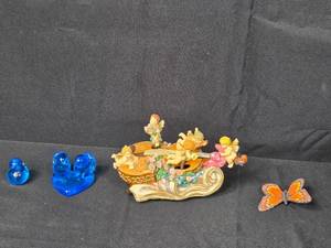 lot 78 image: Vintage Collectible Lot Cherub Music Box, Glass Penguins, Butterfly & Floral Figurines