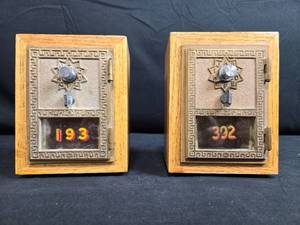 lot 81 image: Set of 2 Vintage Wooden Postal Bank Boxes with Brass Fronts - 6 tall
