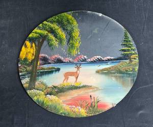 lot 82 image: Vintage Circular Landscape Painting with Deer and Lake Scene - 18