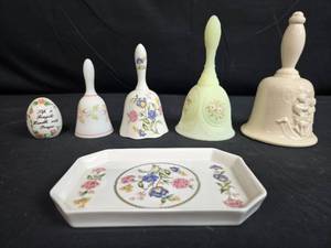 lot 83 image: Collection of Decorative Ceramic Bells and Floral Tray