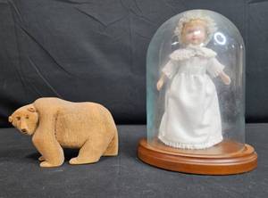 lot 91 image: Collection of 3 Carved Animal Figures and a 9 Porcelain Doll in Display Case