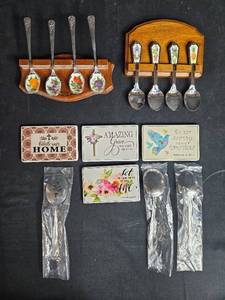 lot 92 image: Collection of Decorative Spoons and Inspirational Plaques with Stainless Steel Serving Pieces