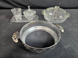 lot 95 image: Vintage Glassware Lot with Serving Dish and Metal Holder