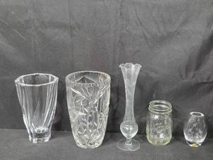 lot 98 image: Set of 5 Glass Vases and Jars with Varied Designs