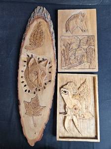 lot 110 image: Collection of Hand-Carved Wooden Art Plaques with Animal and Nature Designs