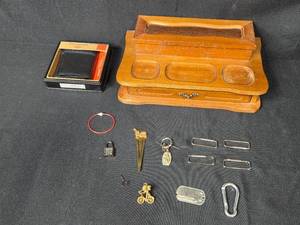 lot 123 image: Vintage Wooden Jewelry Box with Assorted Accessories Inc Cuff Links and Dockers Wallet